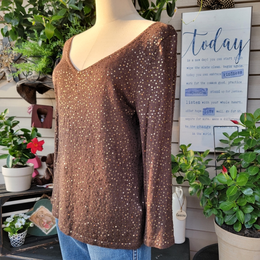 CACHET ♡ Gorgeous SOFT Brown Knit All Sequin Front 'n Back Wide V Neck Sweater L